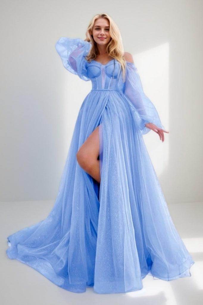 A-Line Sweep-Brush Train Tulle Prom Dress CS0701 - COCOMELODY